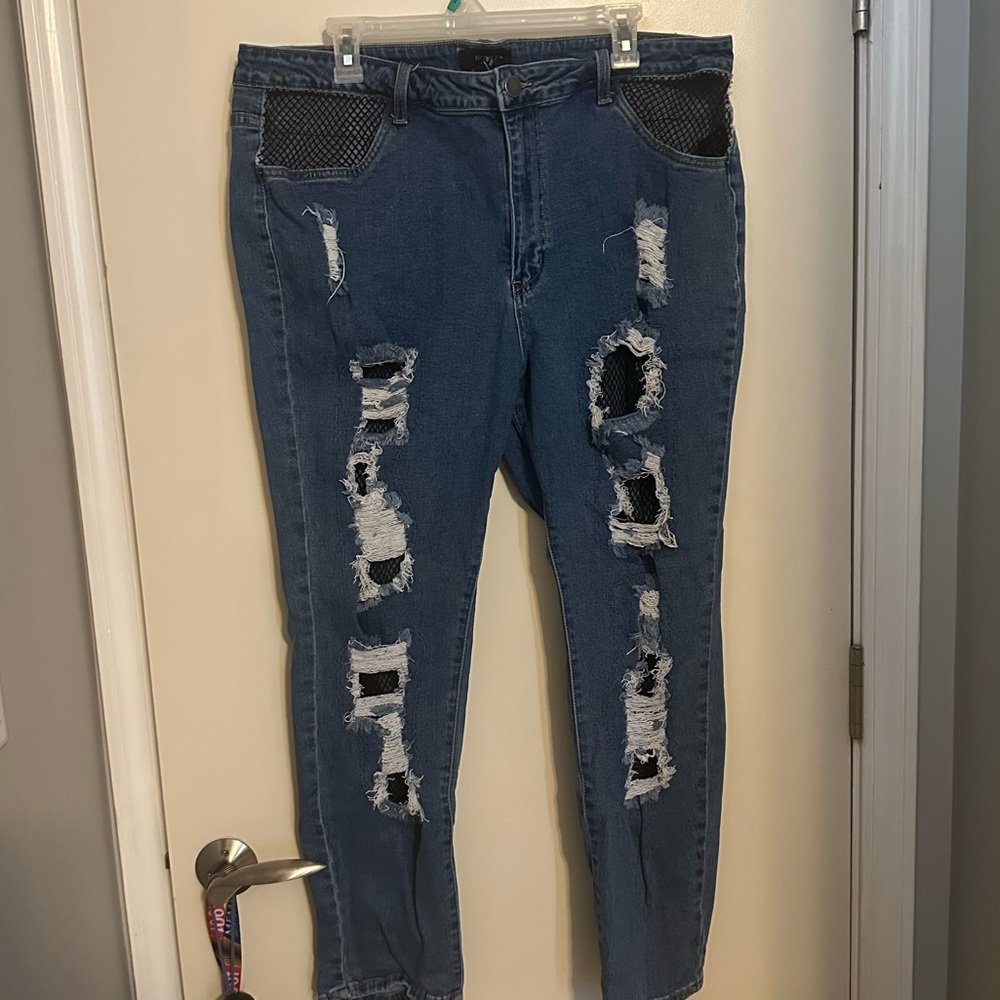 F21 Plus Ripped Jeans with Fish Net Inserts